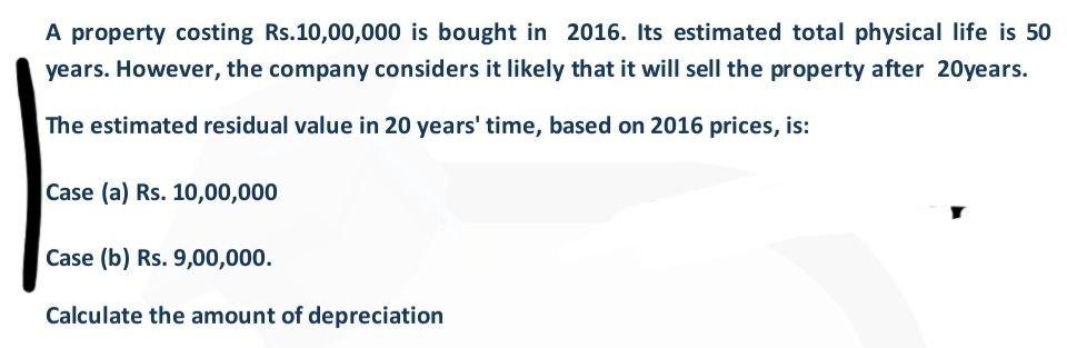 Do precisely step by step A property costing Rs.10,00,000 is bought in