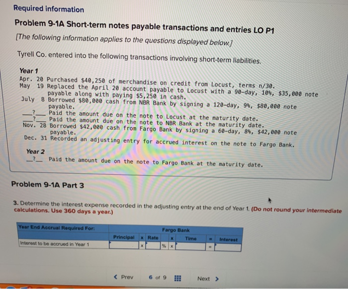  Required information Problem 9-1A Short-term notes payable transactions and entries LO