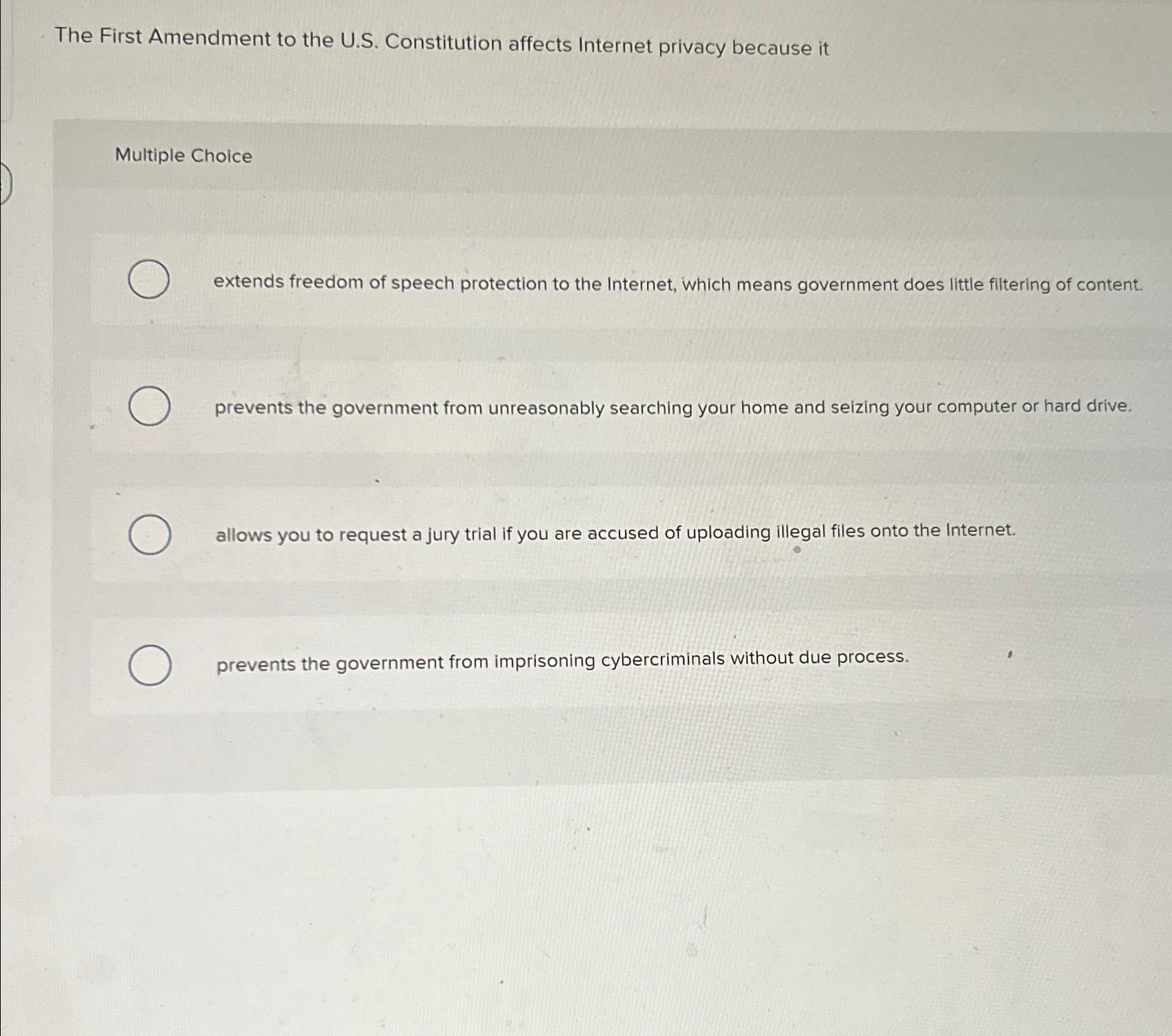  The First Amendment to the U.S. Constitution affects Internet privacy because