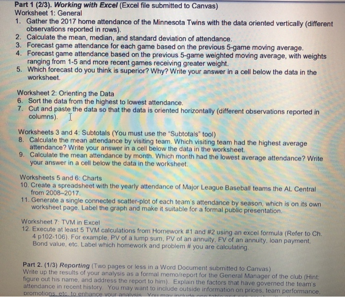  Part 1 (2/3). Working with Excel (Excel file submitted to Canvas)