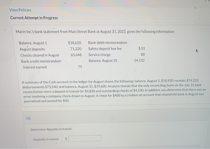  View Policies Current Attempt in Progress Marin Inc's bank statement from