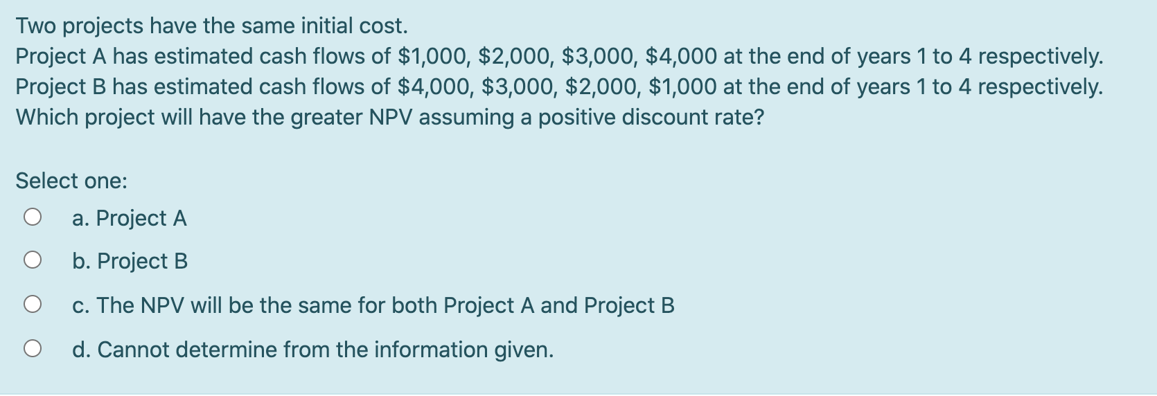  Two projects have the same initial cost. Project A has estimated