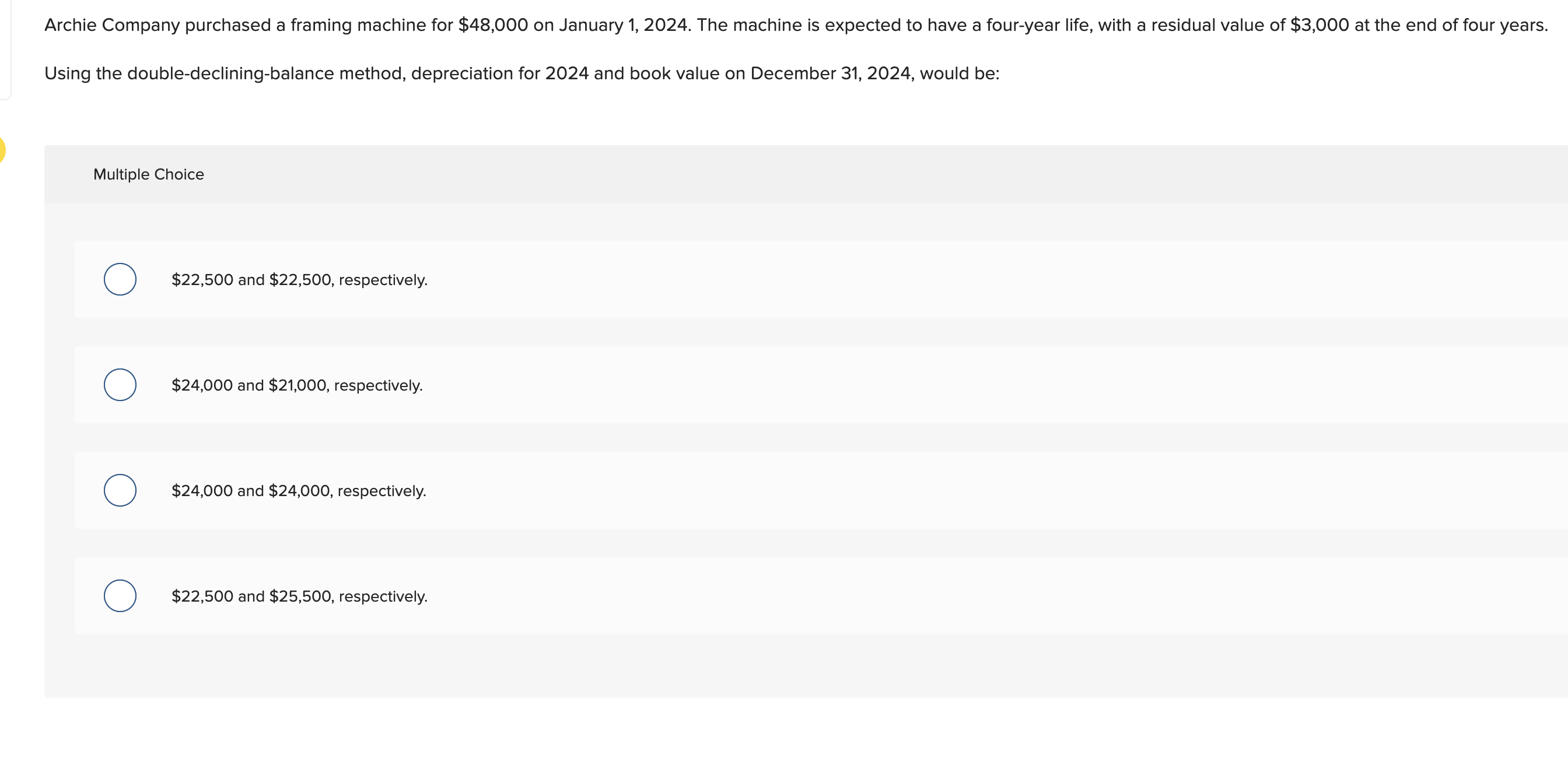  Using the double-declining-balance method, depreciation for 2024 and book value on