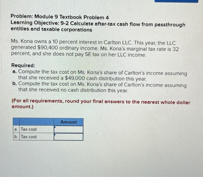  Problem: Module 9 Textbook Problem 4 Learning Objective: 9-2 Calculate after-tax