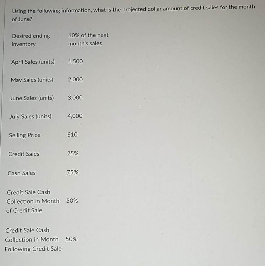  Using the following information, what is the projected dollar amount of