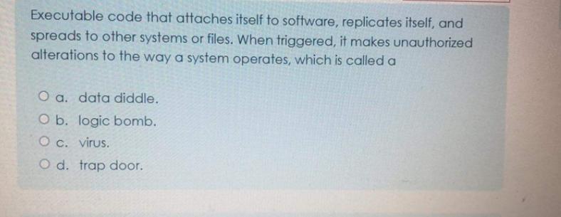 Executable code that attaches itself to software, replicates itself, and spreads