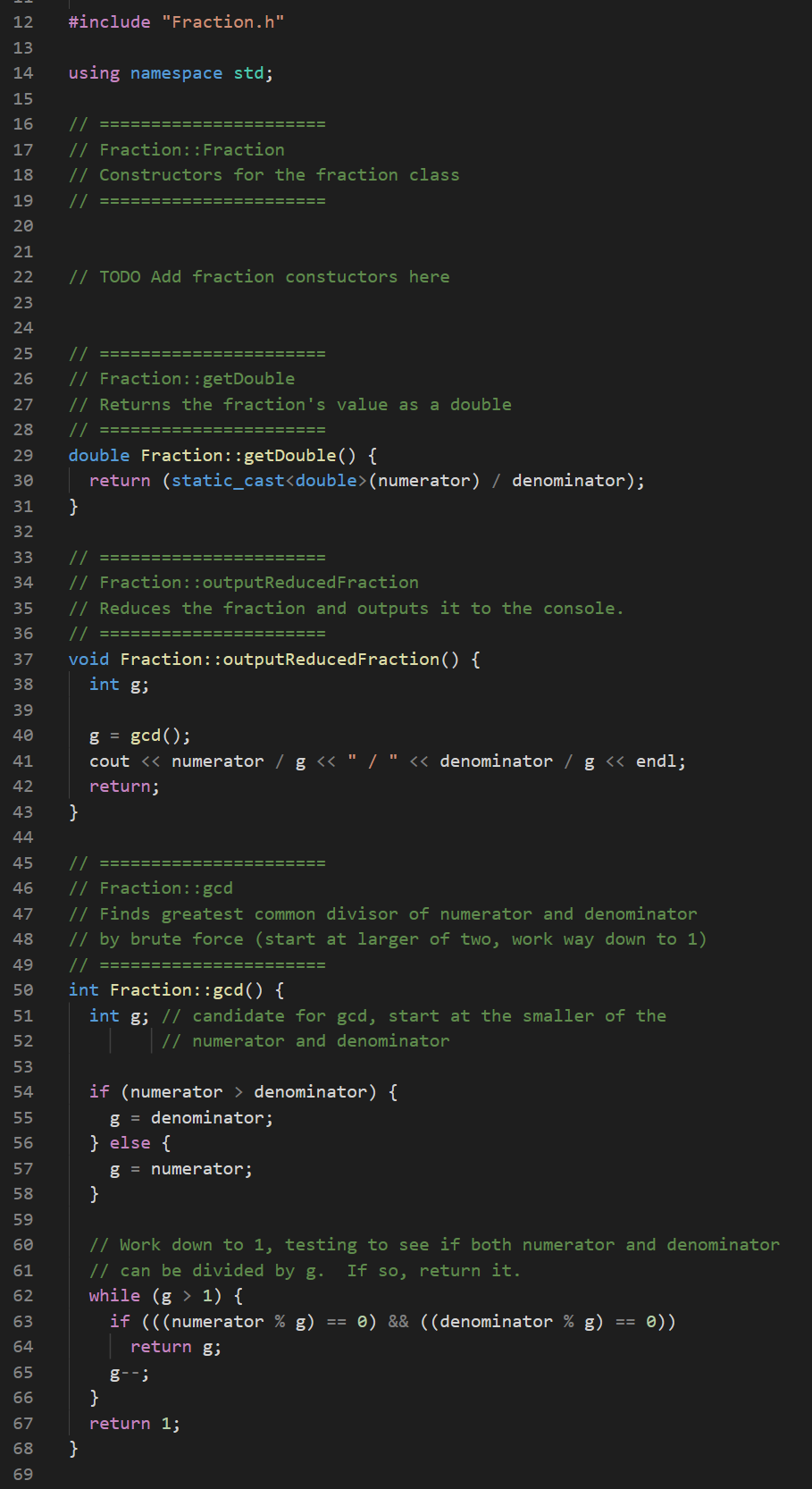Member functions allow for retrieval of the fraction as a double and