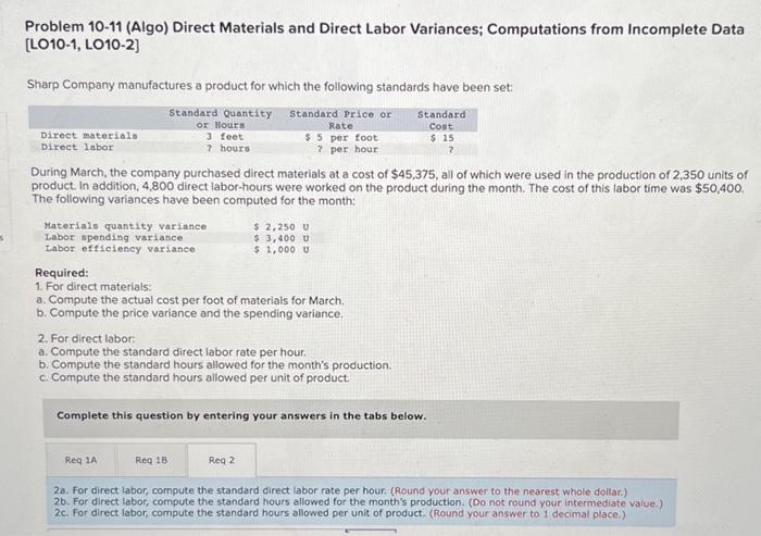  Problem 10-11 (Algo) Direct Materials and Direct Labor Variances; Computations from
