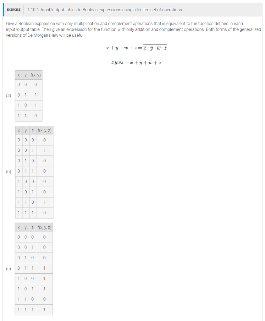  EXERCISE 1.10.1: Input/output tables to Boolean expressions using a limited set