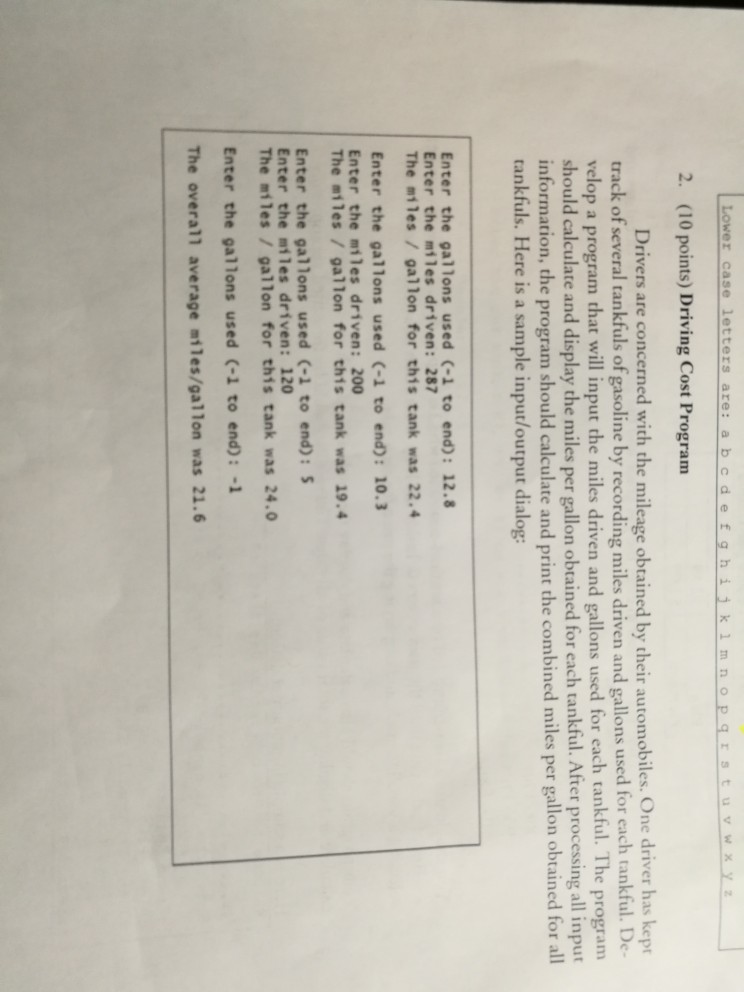 Java language 2. (10 points) Driving Cost Program Drivers are concerned