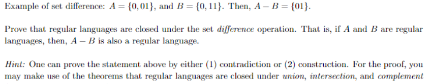 Example of set difference: A = {0,01), and B = {0,11}.