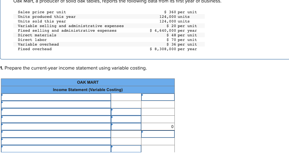  1. Prepare the current-year income statement using variable costing
