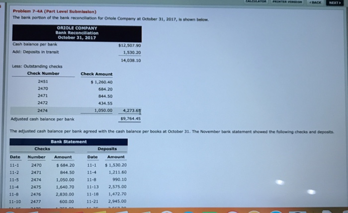  PRENTER VERSION Problem 7-4A (Part Level Submission) The bank portion of