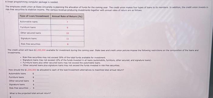  A linear programming computer pacape is needed. The employee credi union