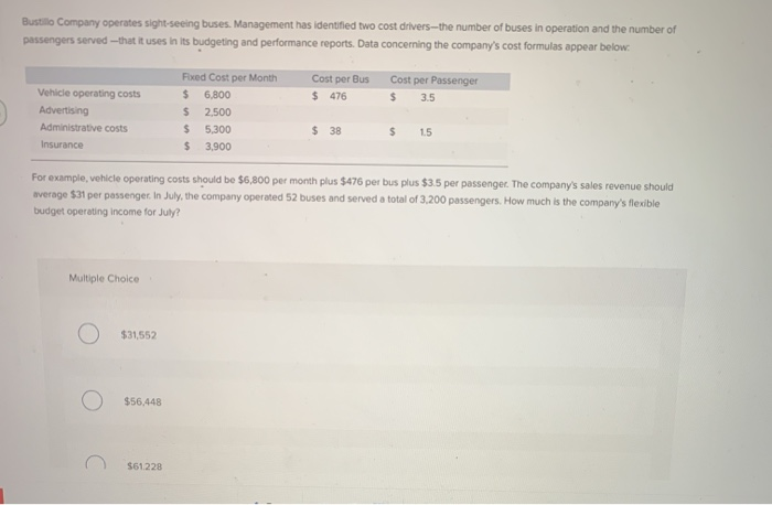 Bustillo Company operates sight-seeing buses. Management has identified two cost drivers--the