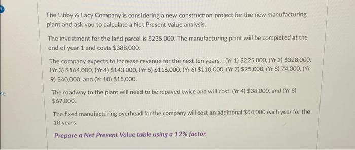 need help and answer The Libby \& Lacy Company is considering a