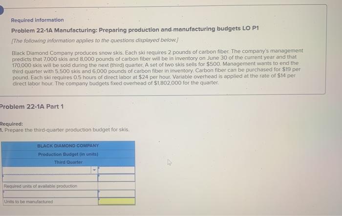  help me solve Required information Problem 22-1A Manufacturing: Preparing production and