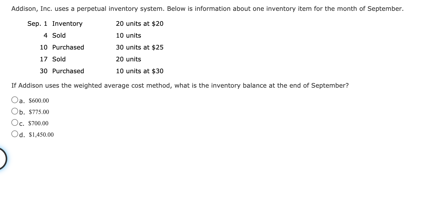 Addison, Inc. uses a perpetual inventory system. Below is information about