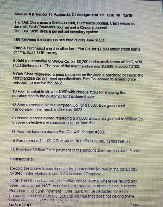  Module 8 (Chapter 10 Appendix C) Assignment V1_ED8_W_12/19 The Oak Store