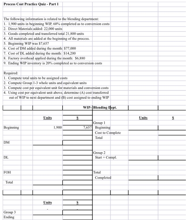  Process Cost Practice Quiz - Part 1 The following information is