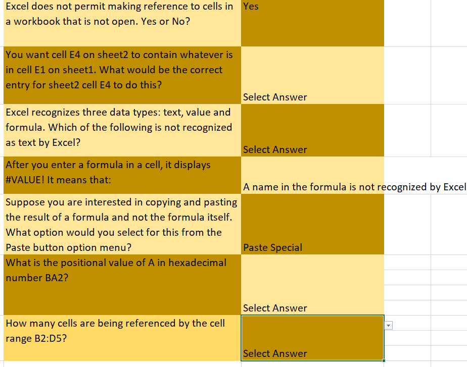 I need answers for this excel sheet Excel does not permit making