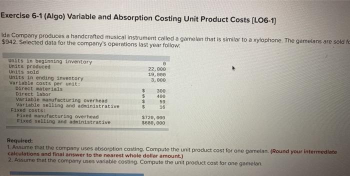  Exercise 6-1 (Algo) Variable and Absorption Costing Unit Product Costs (LO6-1)