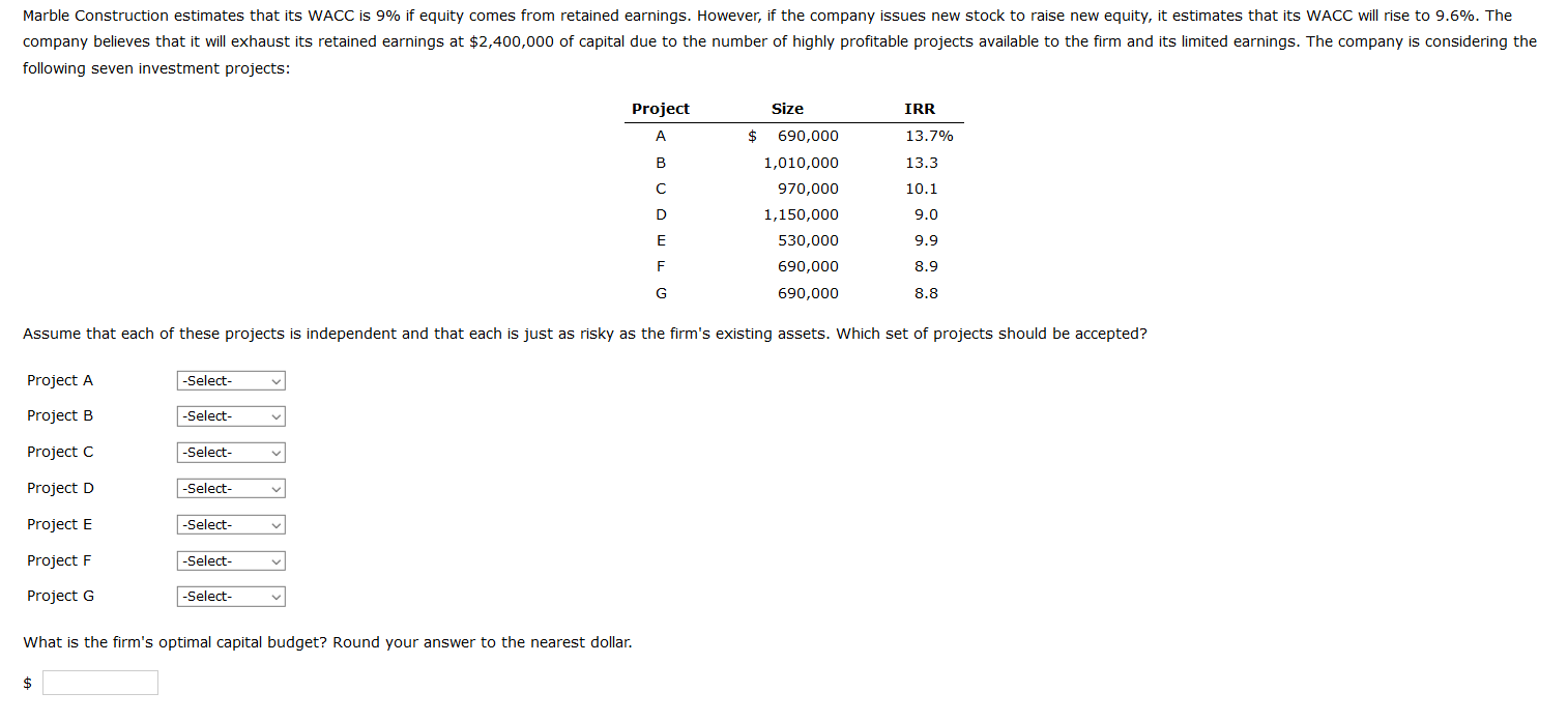  Marble Construction estimates that its WACC is 9% if equity comes