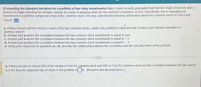  (Computing the standard deviation for a portfolio of two risky investments)