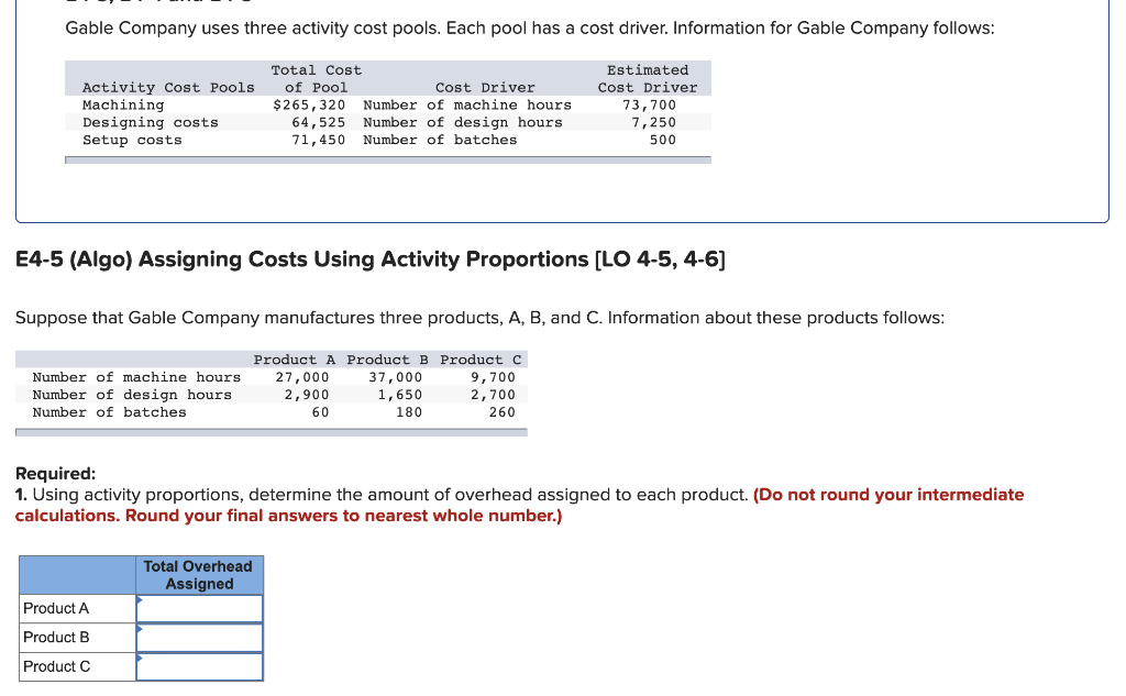pools. Each pool has a cost driver. Information for Gable Company follows: