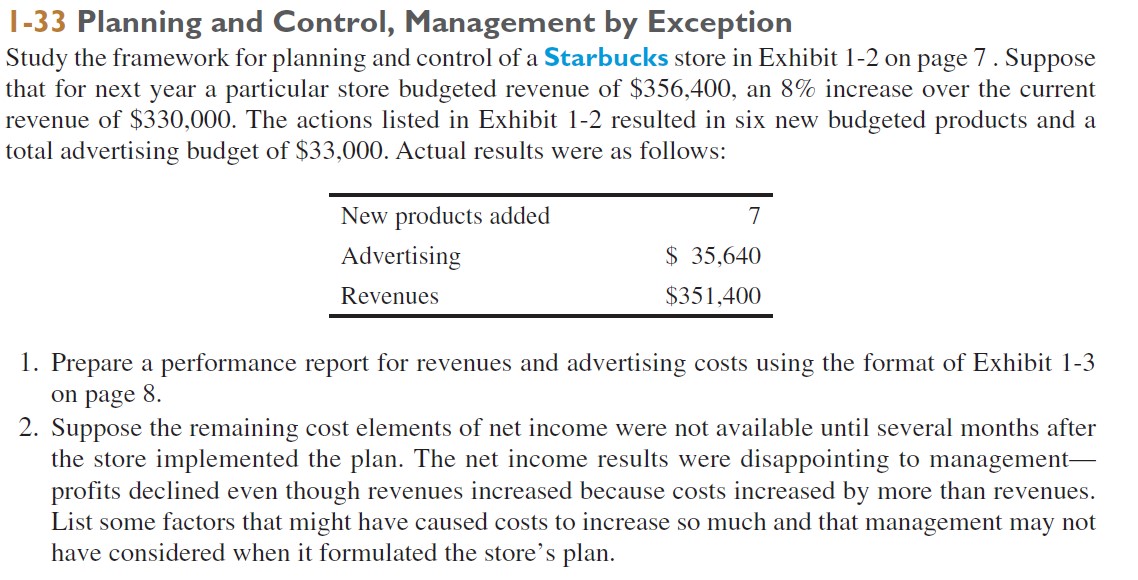  I-33 Planning and Control, Management by Exception Study the framework for