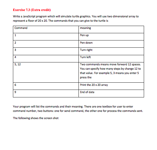  Exercise 7.3 (Extra credit) Write a JavaScript program which will simulate