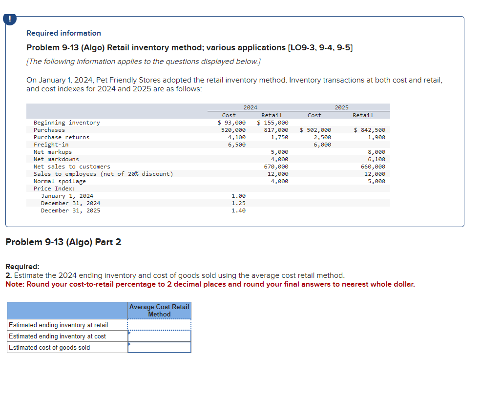 Required information Problem 9-13 (Algo) Retail inventory method; various applications [LO9-3,