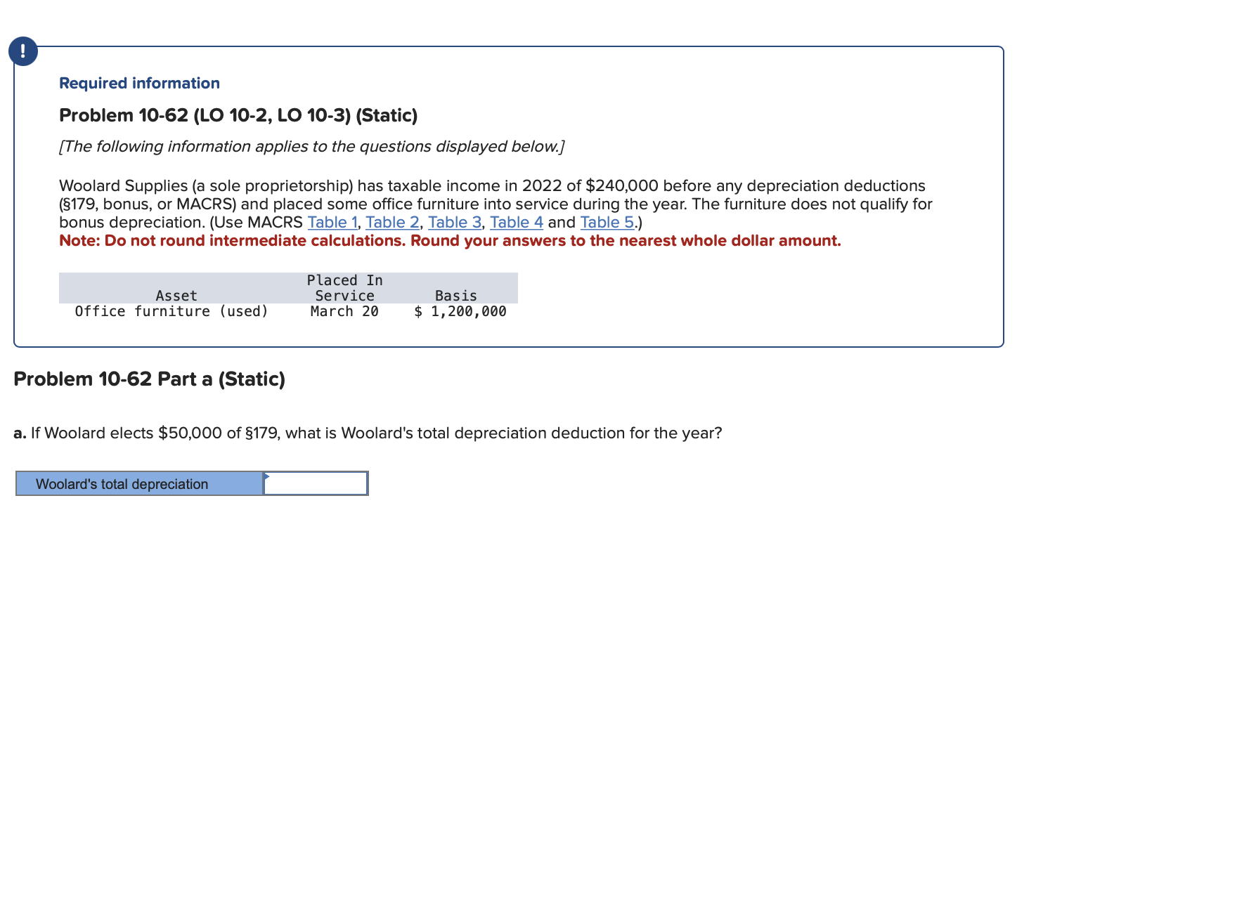  Required information Problem 10-62(LO 10-2, LO 10-3)(Static) [The following information applies