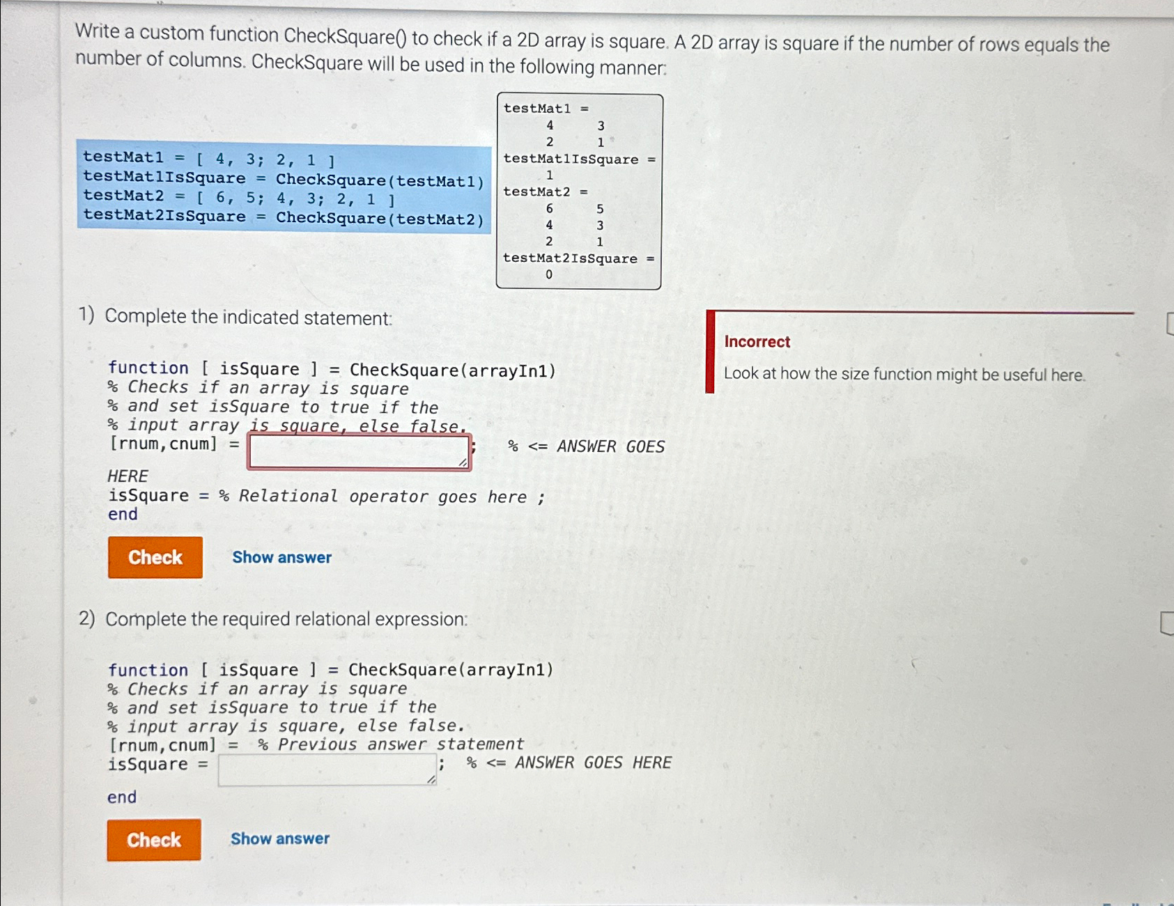  Write a custom function CheckSquare() to check if a 2D array