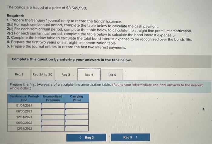 premium LO P3 The bonds are issued at a price of $3,549,590.