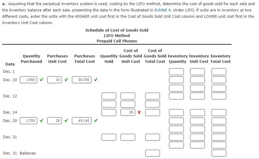 prepaid cell phones for December are as follows: Inventory Dec. 13,900 units
