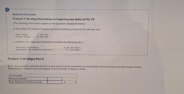 Required information Problem 7-2A (Algo) Estimating and reporting bad debts LO