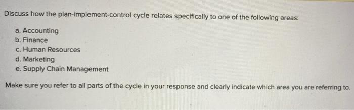  Discuss how the plan-implement-control cycle relates specifically to one of the