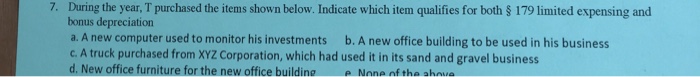  During the year, T purchased the items shown below. Indicate which