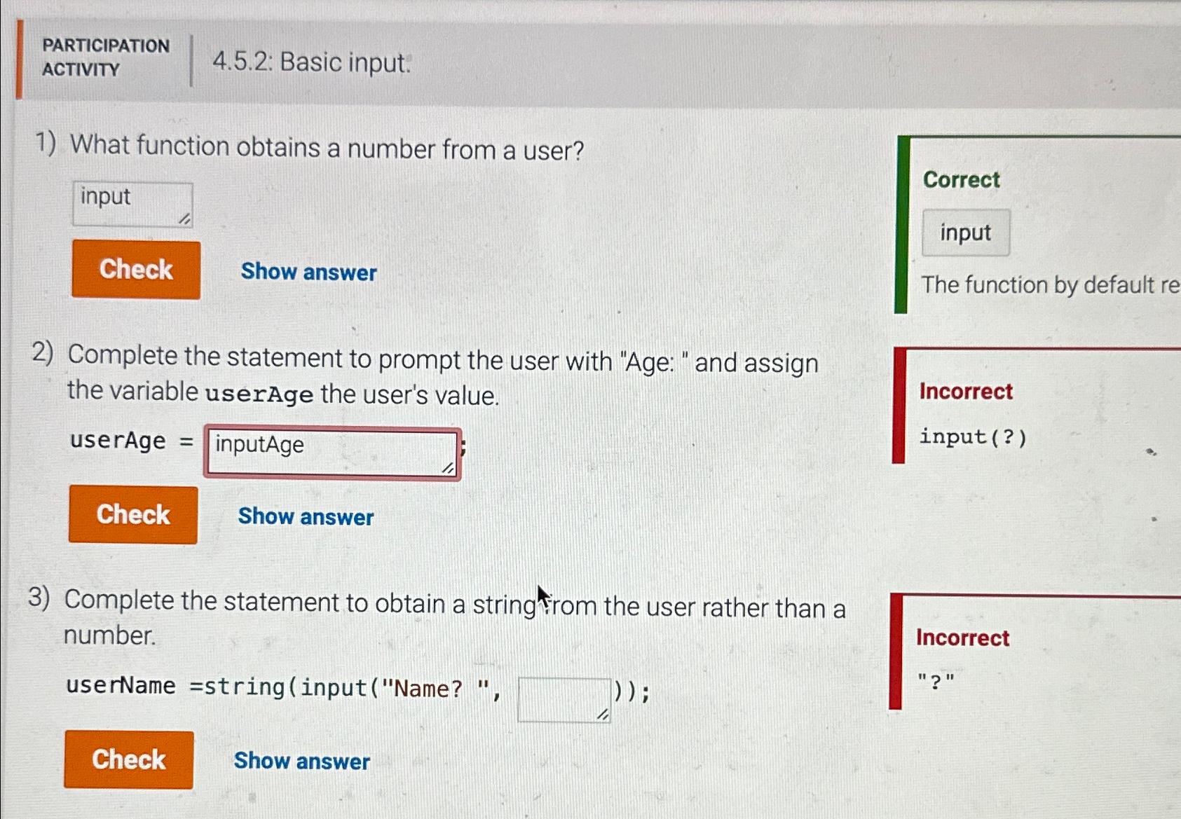  PARTICIPATION ACTIVITY 4.5.2: Basic input. What function obtains a number from