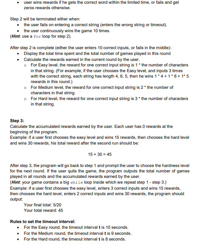 use of 1. string:s 2. conditionals 3. iteration 4. input/output to create