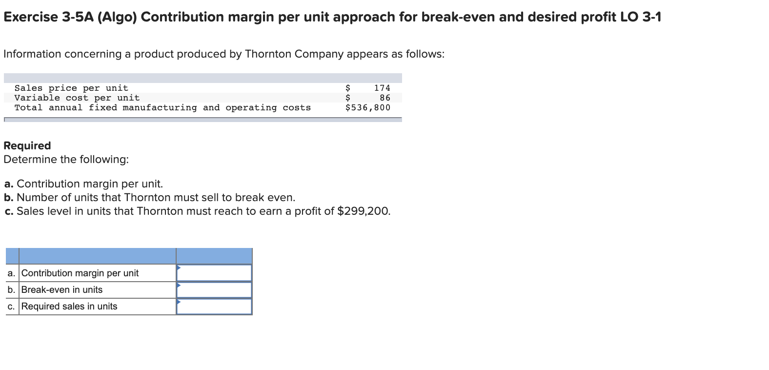  Exercise 3-5A (Algo) Contribution margin per unit approach for break-even and
