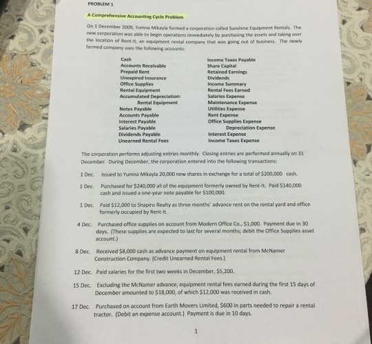  PROBLEMI A Comprehensive Accounting Cycle Problem On 1 December 2009, Yumna