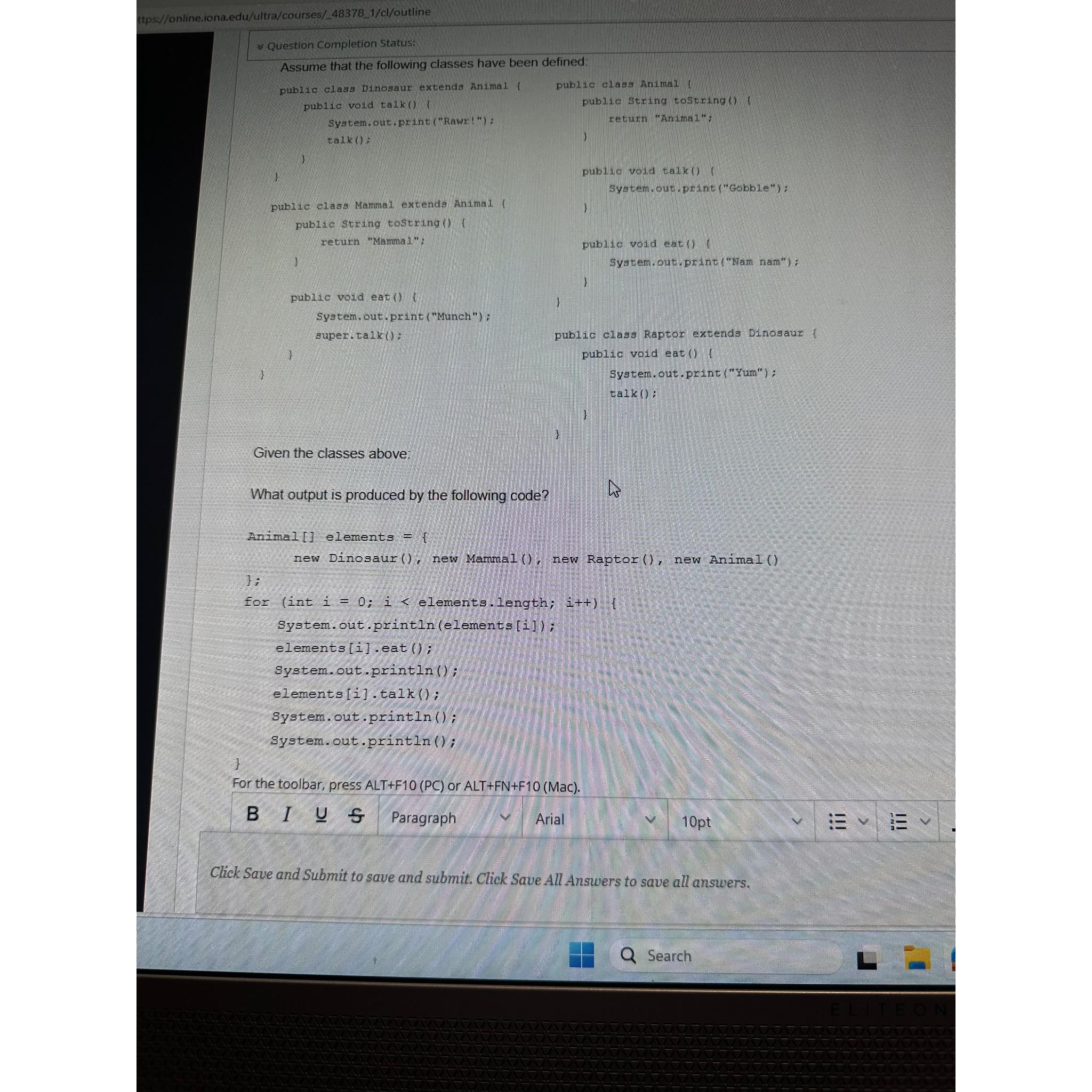  ttps://online.iona.edu/ultra/courses/_48378_1/cl/outline ~~ Question Completion Statusi Assume that the following classes have