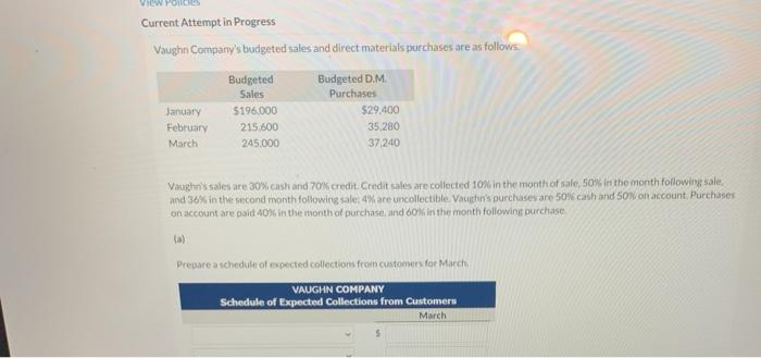 please help solve VIEW PORC Current Attempt in Progress Vaughn Company's budgeted