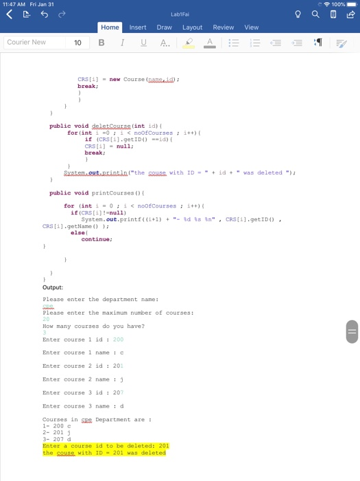 re-fill the array with the remaining courses after deleting one course. as
