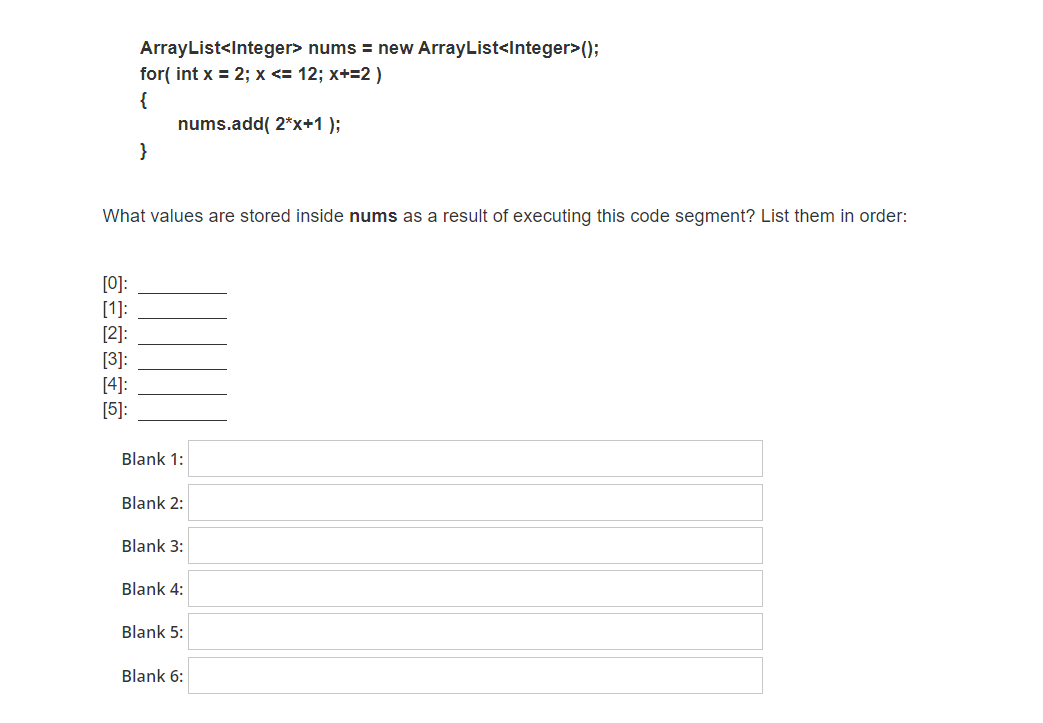 mammals.add("pig"); mammals.add("lion"); mammals.set(1, "wolf"); mammals.add(1, "horse"); mammals.add("giraffe"); mammals.remove(2); mammals.add(3, "bear"); mammals.remove(0); ArrayList