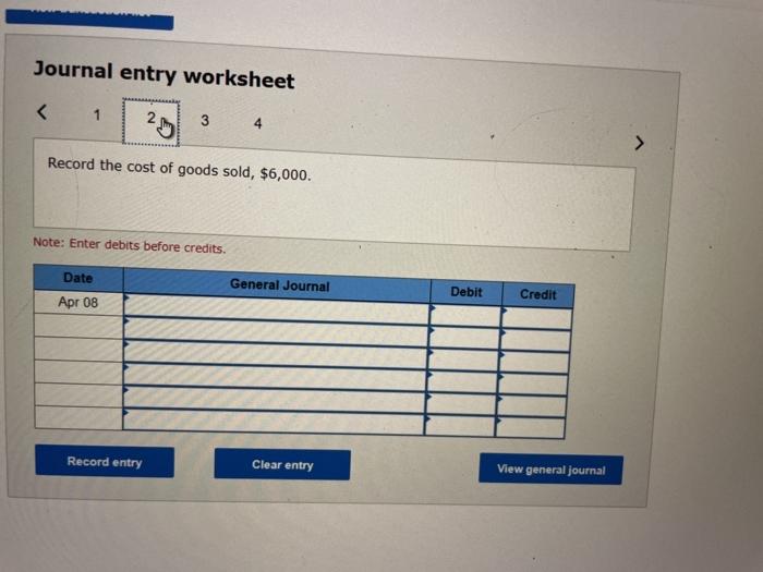 Apr. 8 Sold merchandise for $8,400 (that had cost $6,000) and accepted