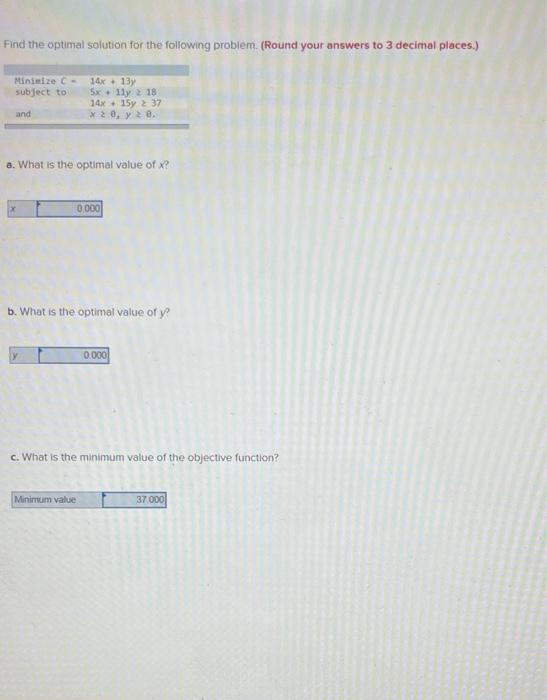  Find the optimal solution for the following problem. (Round your answers