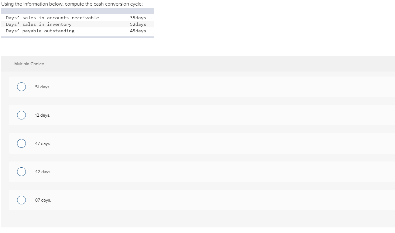  Using the information below, compute the cash conversion cycle: Days' sales
